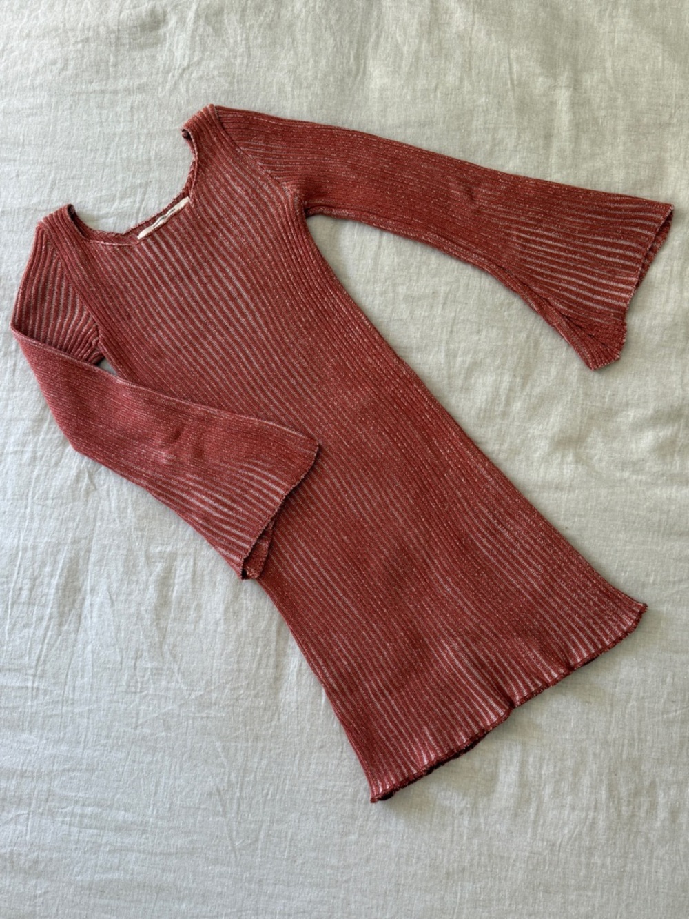 Ribbed Knit 3/4 Bell Sleeve Dress